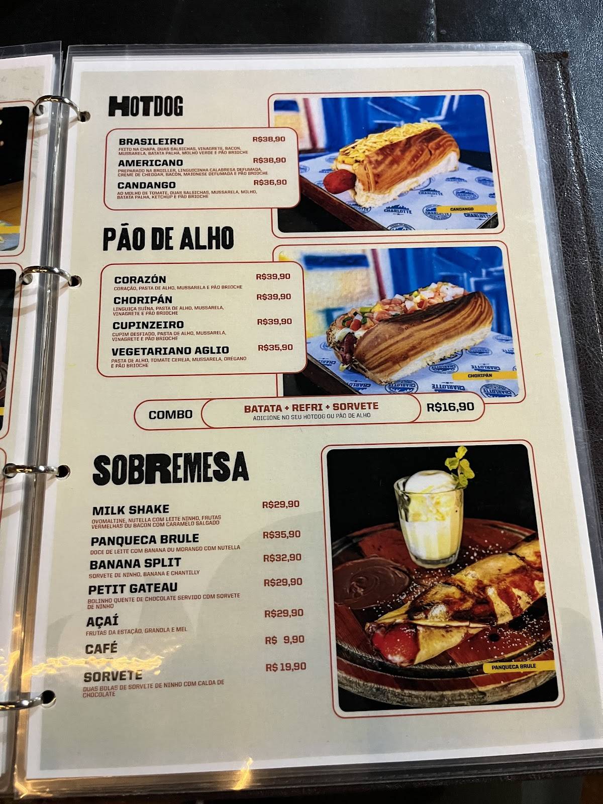 Charlotte Espeto e Burger cardápio