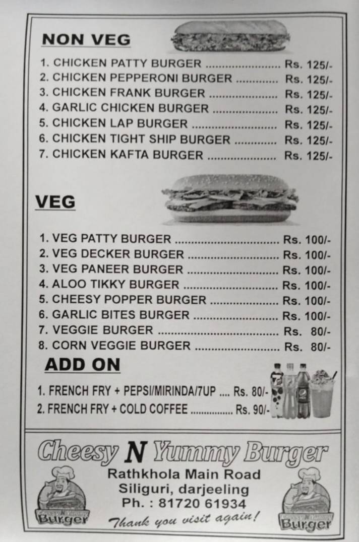 Cheesy N Yummy Burger menu