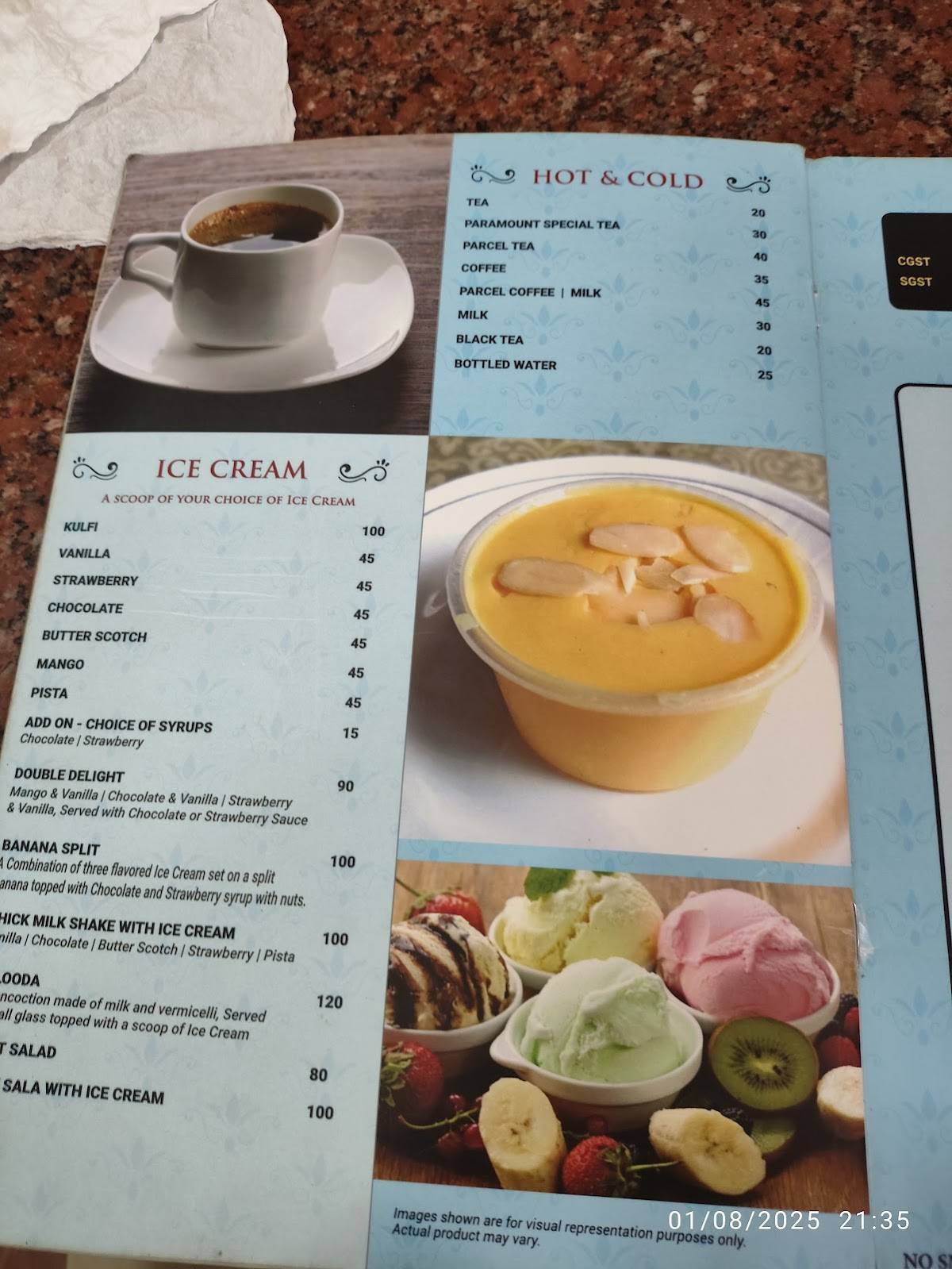 Hotel Paramount menu
