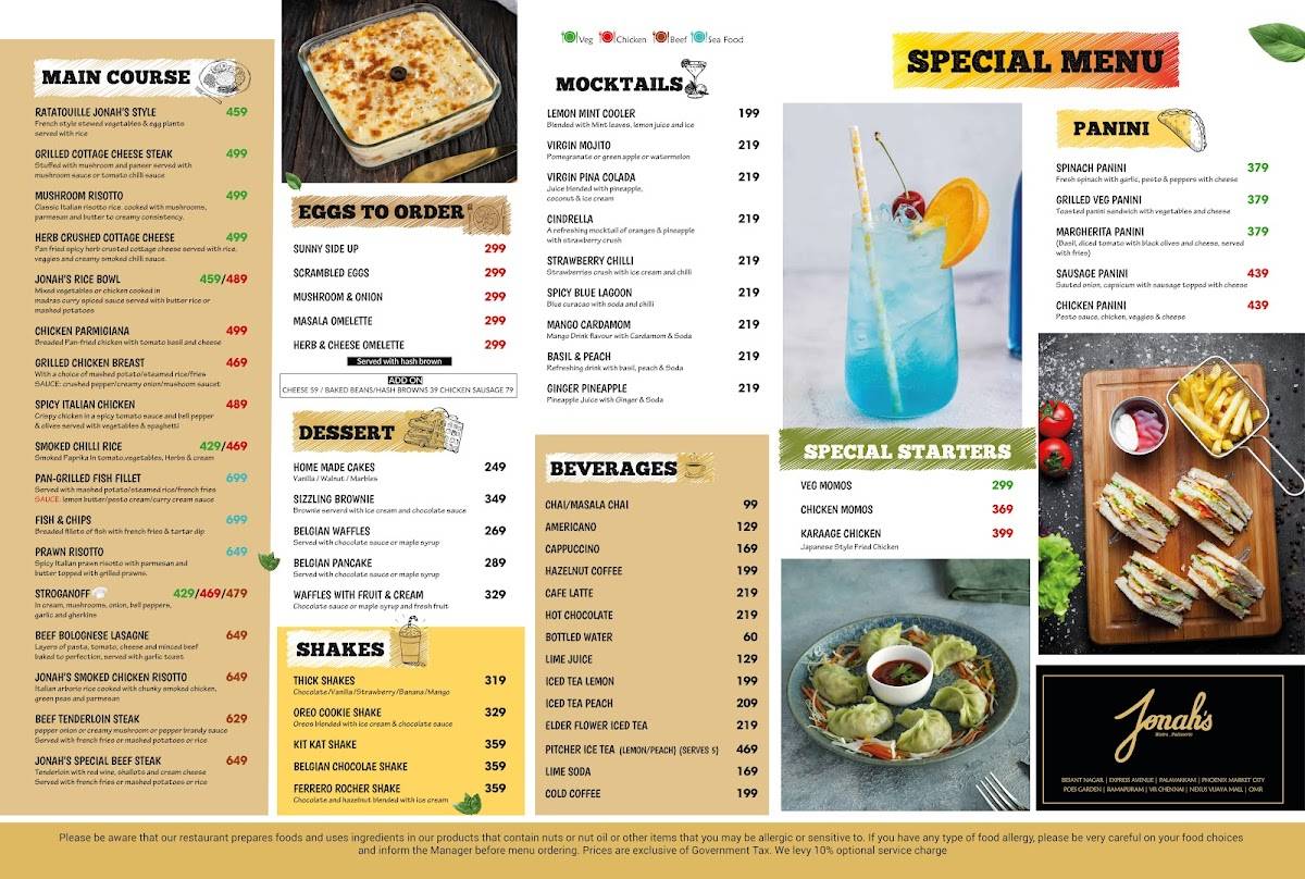 Jonah's Bistro, Besant Nagar menu