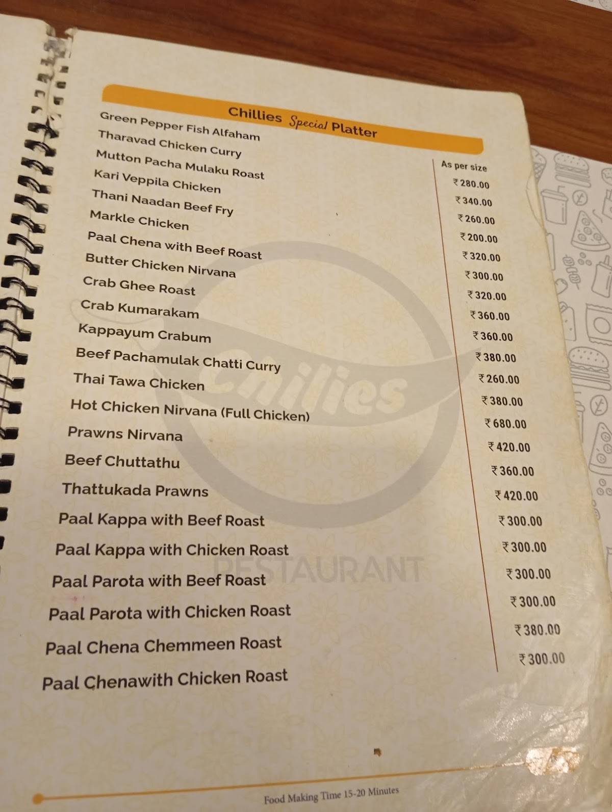 Chilies Restaurant menu