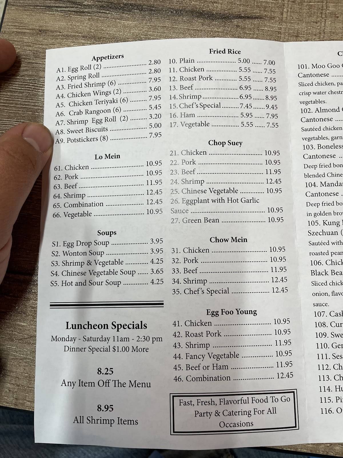 Menu at Chopsticks Chinese Restaurant, Water Valley