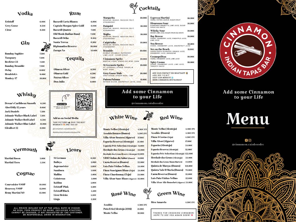 Menu at Cinnamon Indian Tapas Bar Cais Do Sodre, Lisbon