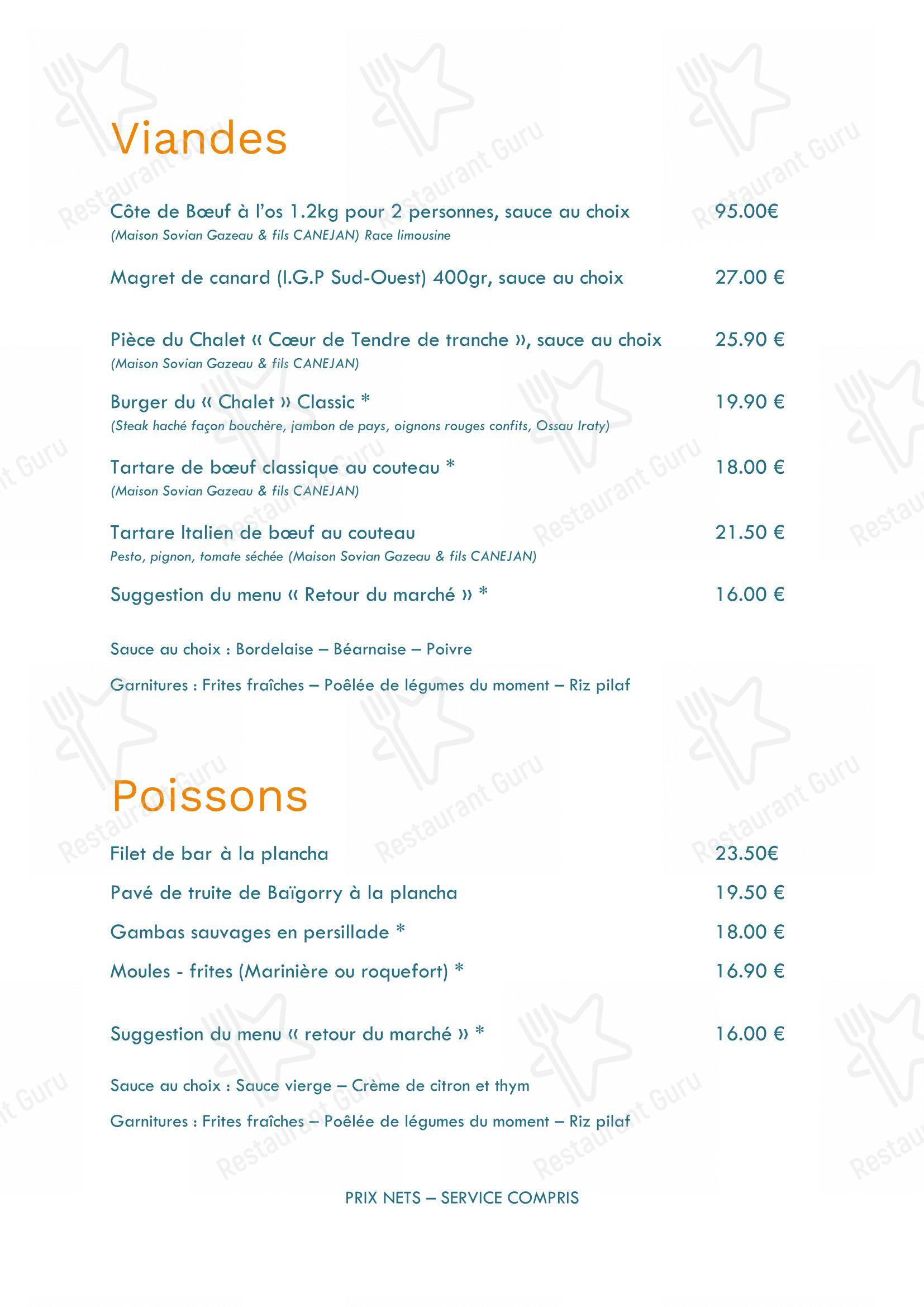 Menu pour Logis hotel Noemys Gradignan - restaurant Le Chalet Lyrique - Menu