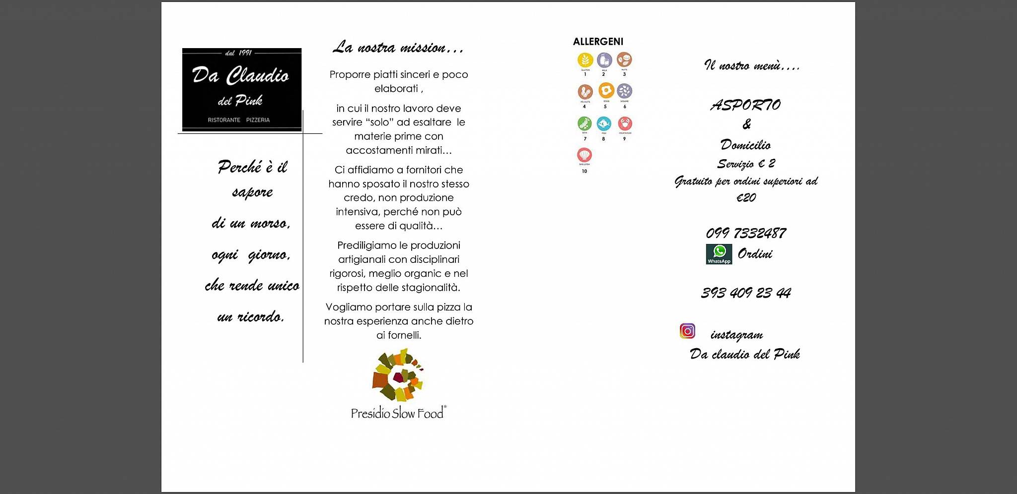 Menu di Claudio Pink Restaurant Pizzeria dal 1991 