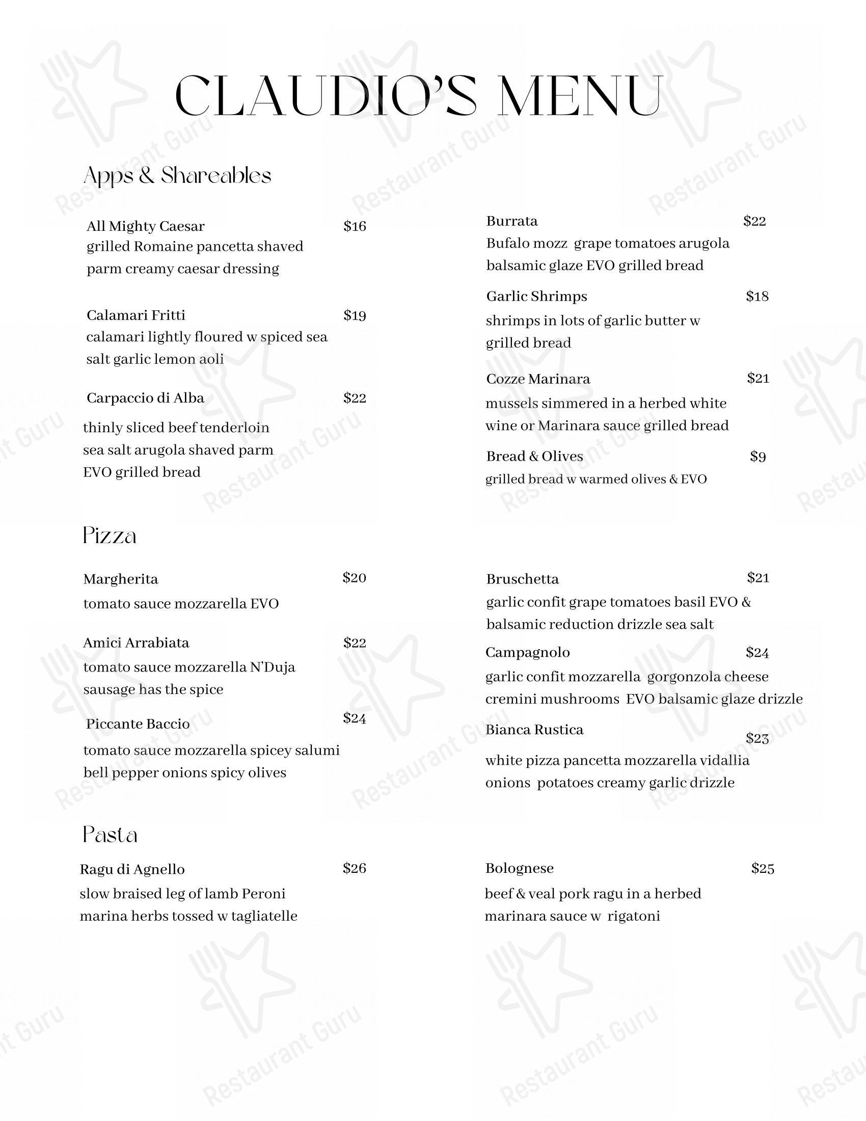 Menu pour Claudio's Ristorante - Menu