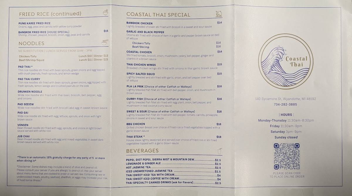 Menu at Coastal Thai restaurant, Wyandotte