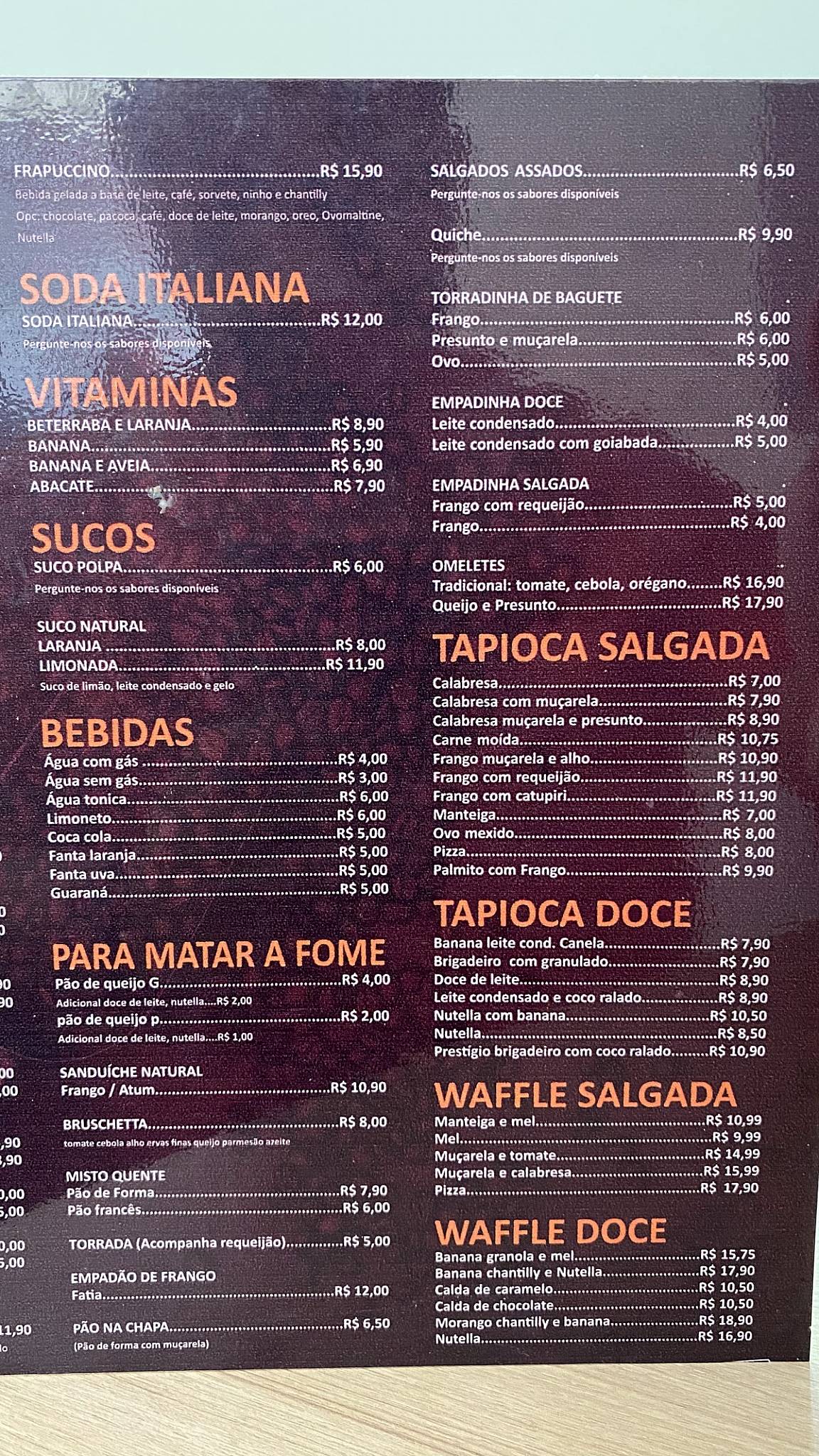 Menu em Coffee Break Cafeteria, Vilhena