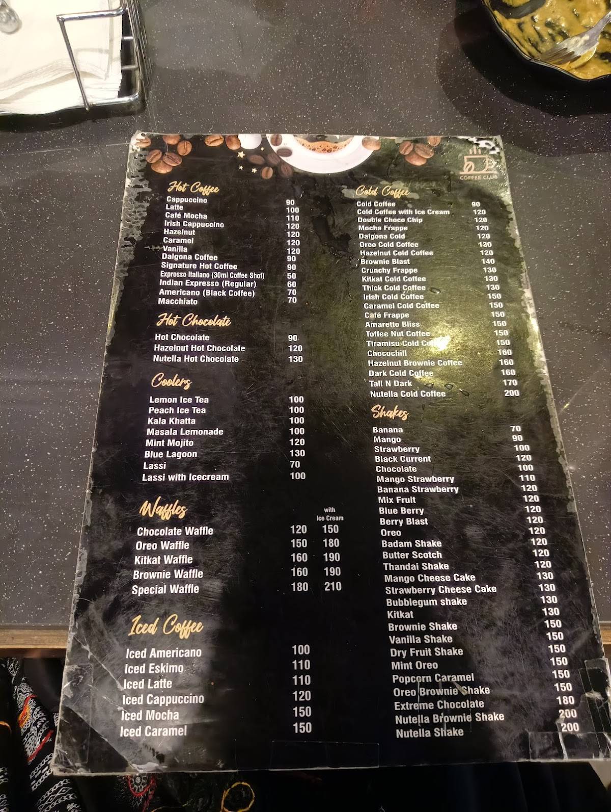 Coffee Club menu