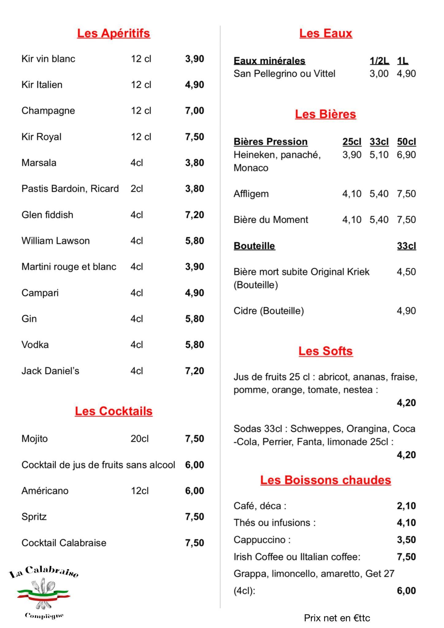 Menu de La Calabraise
