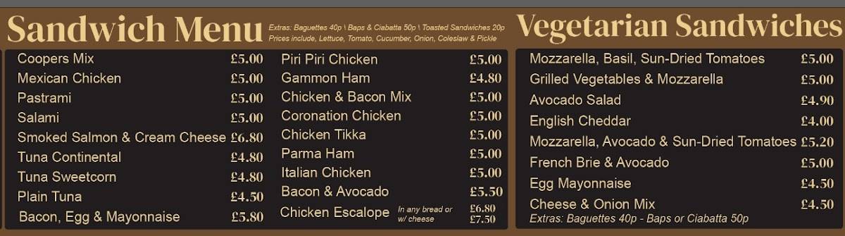 Menu at Coopers, London, 82 Fetter Ln