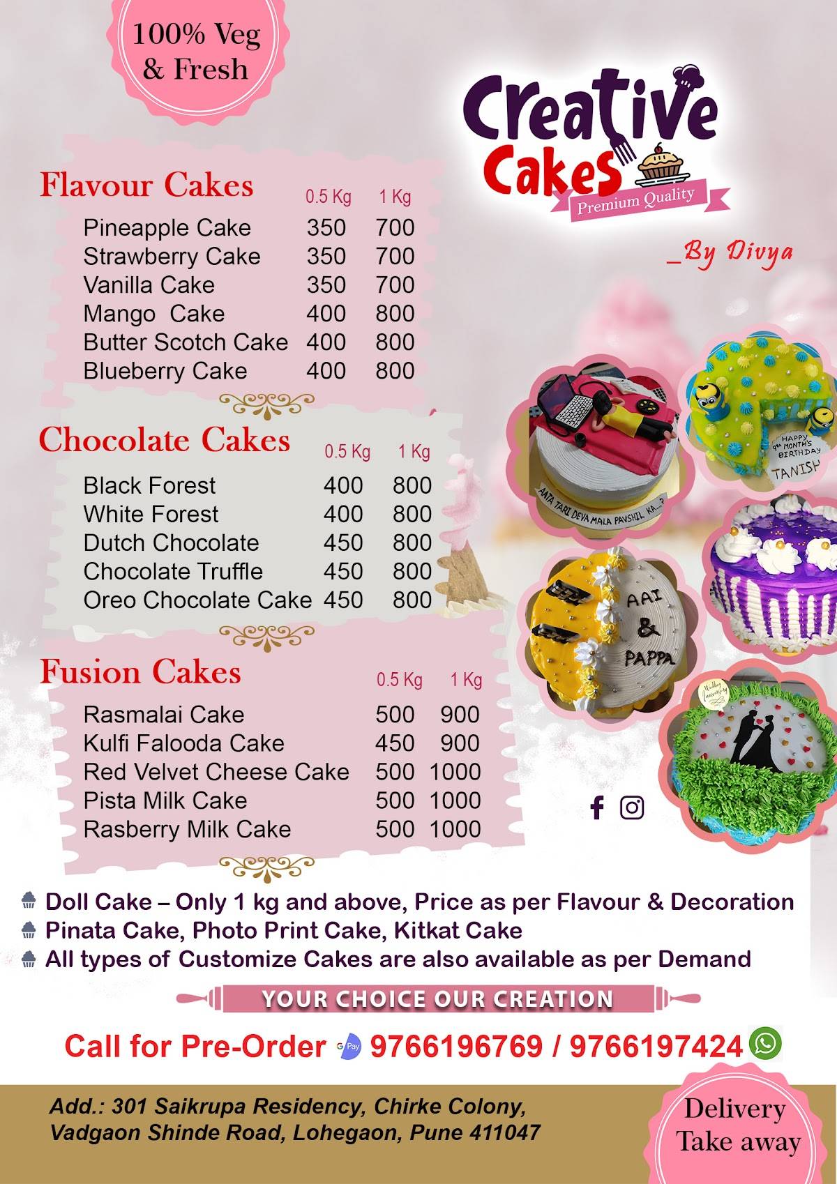 Creative Cakes by Divya menu