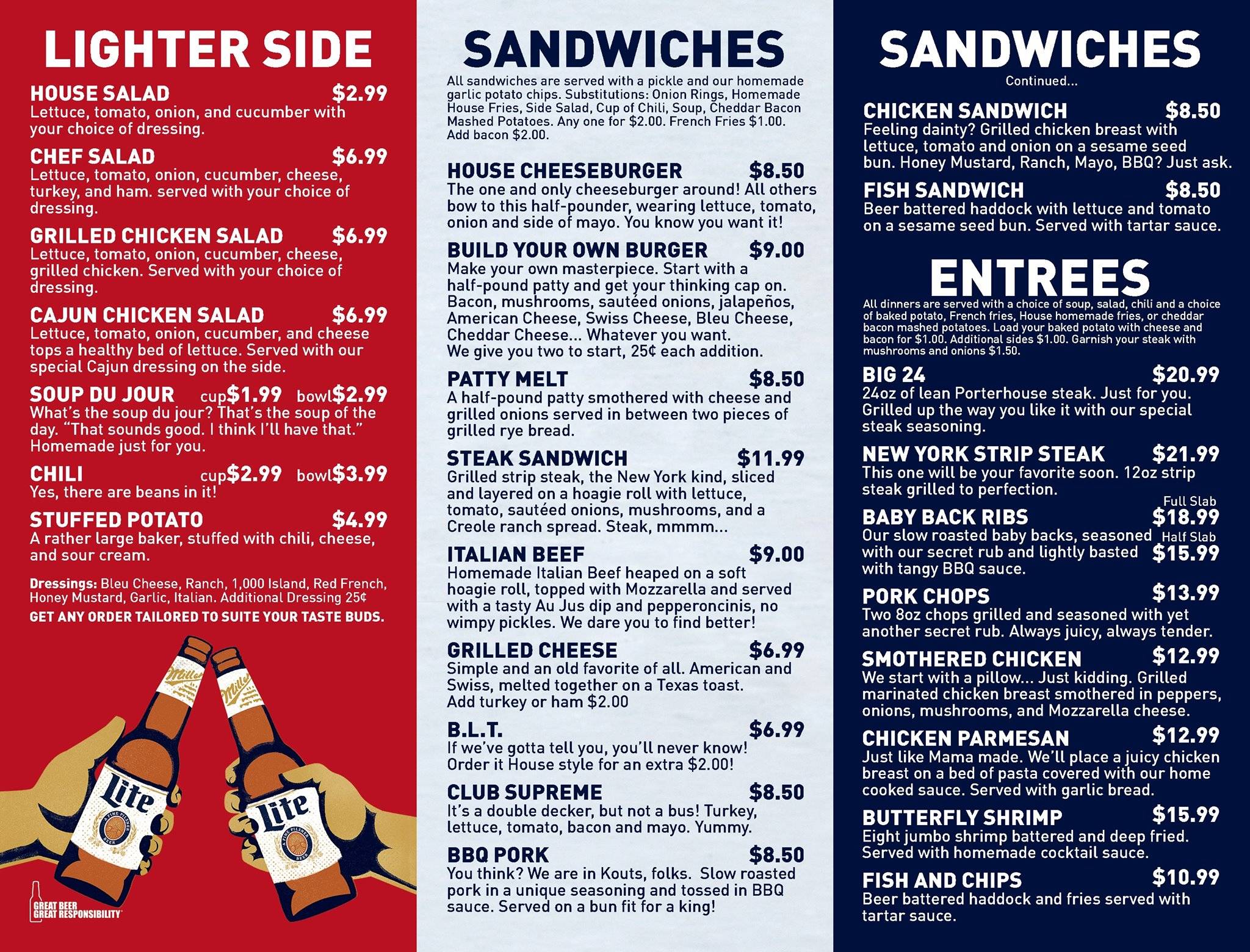 Menu at Cronies Charhouse & Ginmill pub & bar, Kouts