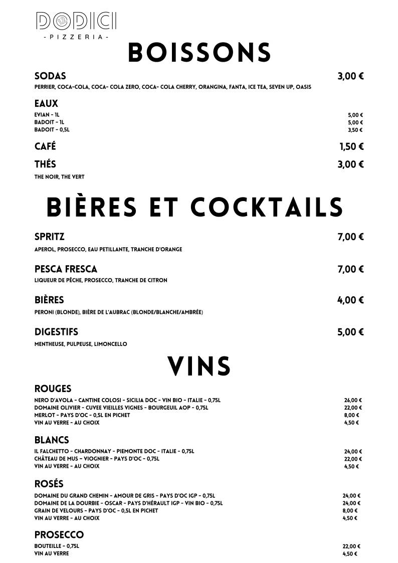 Menu de DODICI Pizzeria