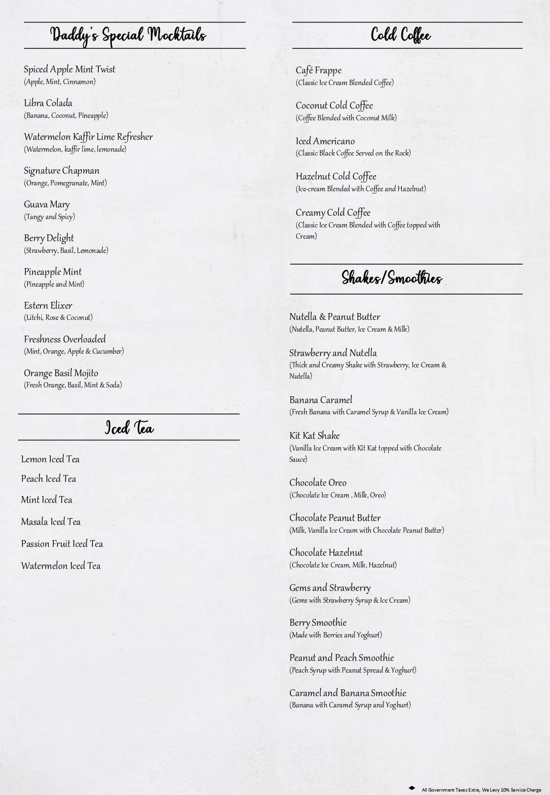 Daddy Rooftop Restaurant menu