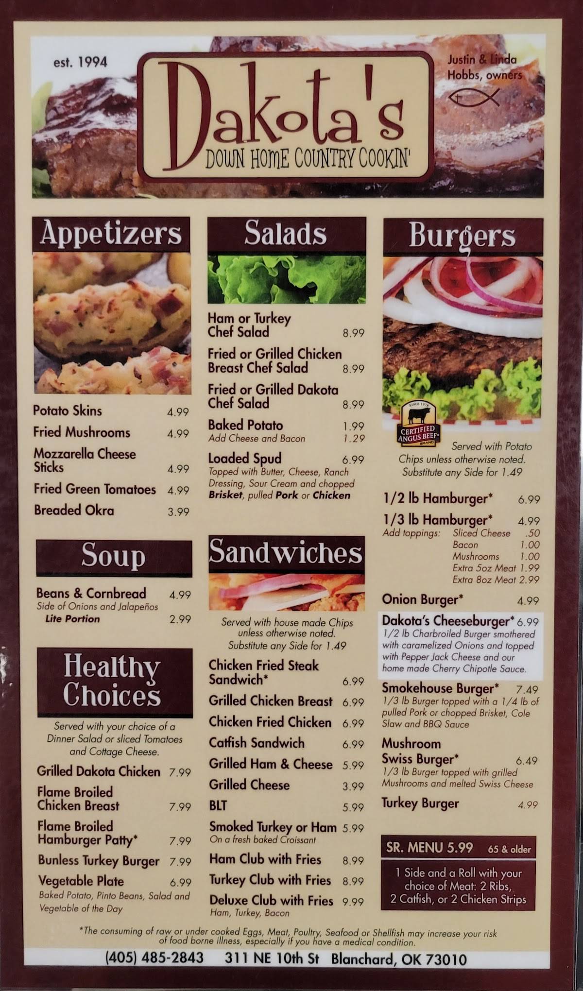 Menu at Dakota’s restaurant, Blanchard