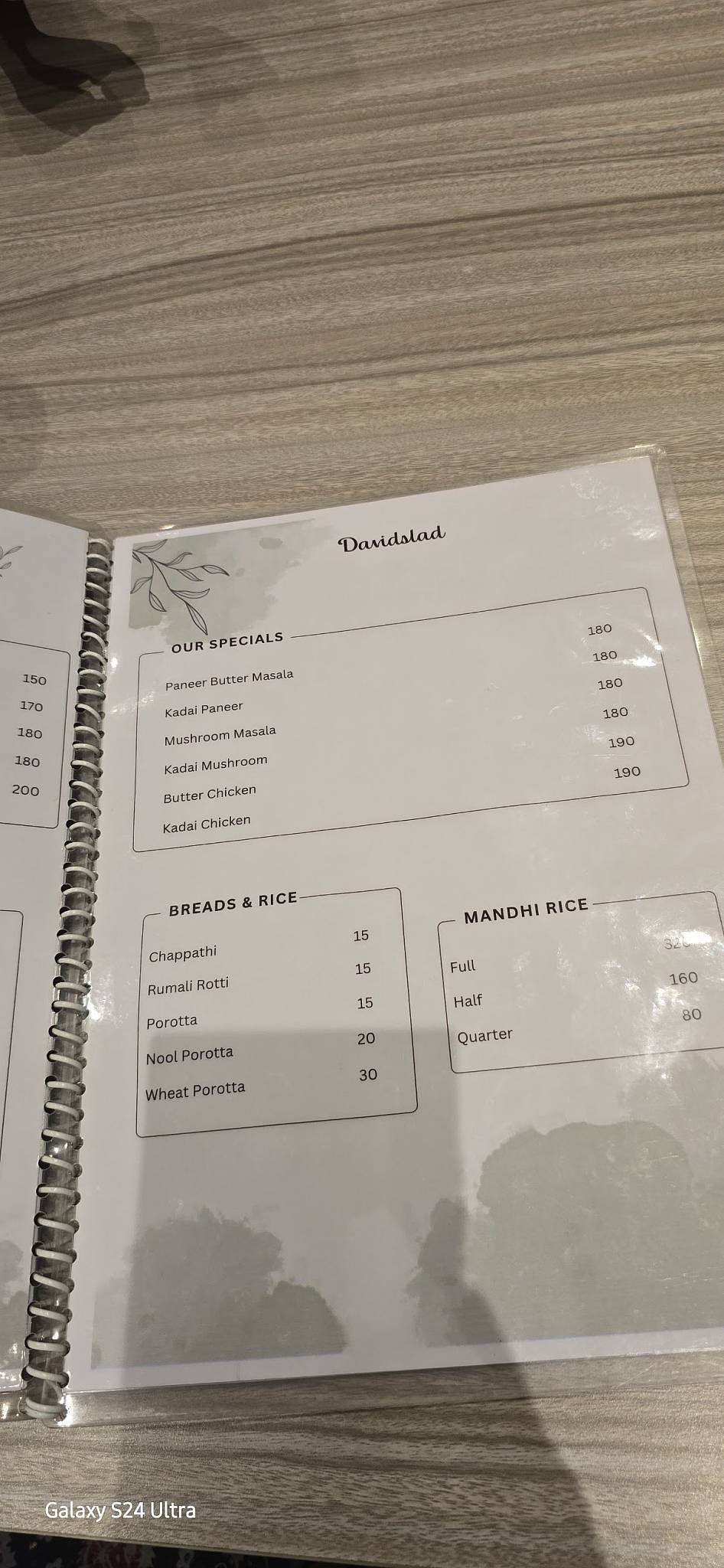 David's Lad foodie buddy menu