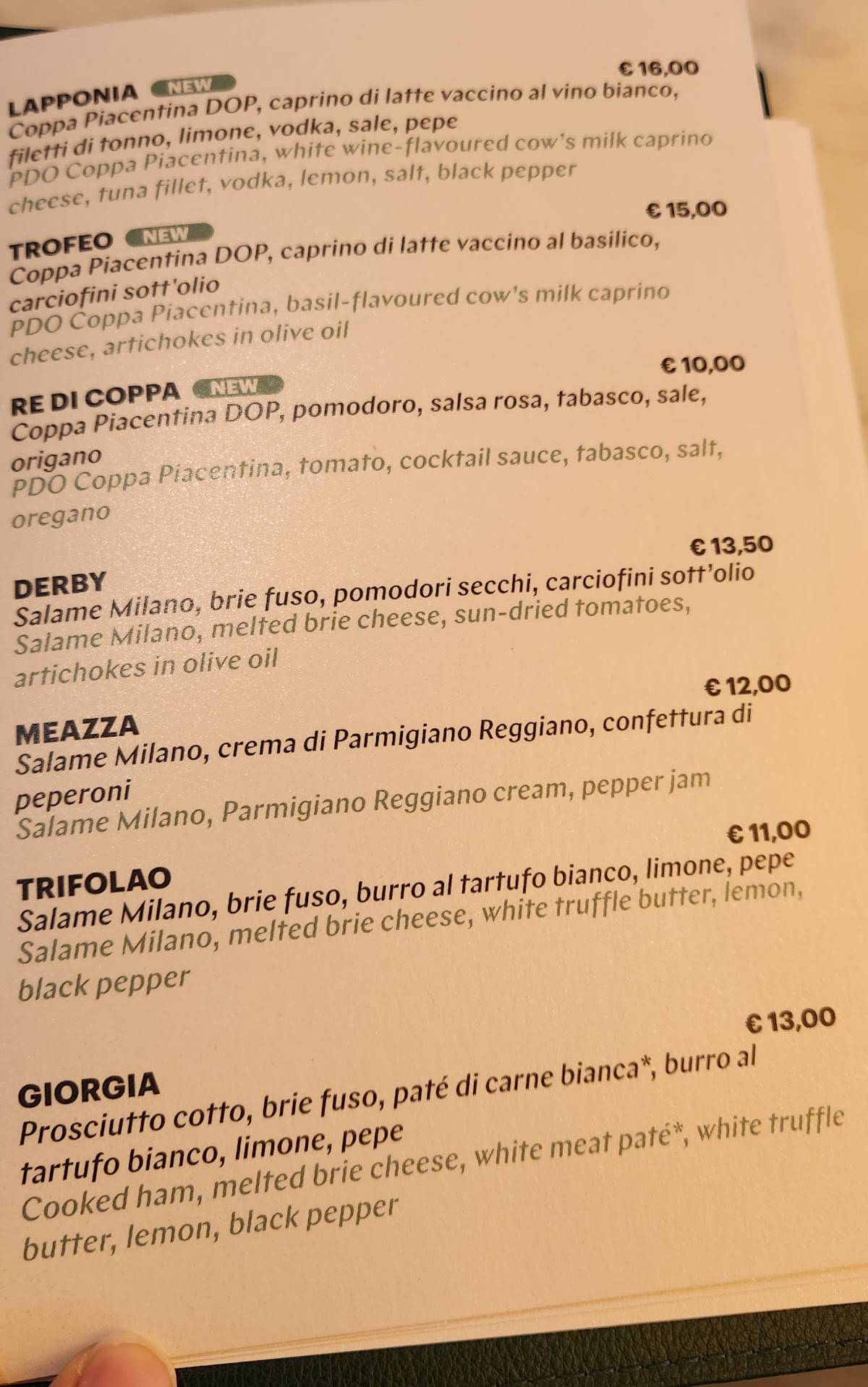 Menu di De Santis / Milano Rinascente Duomo 