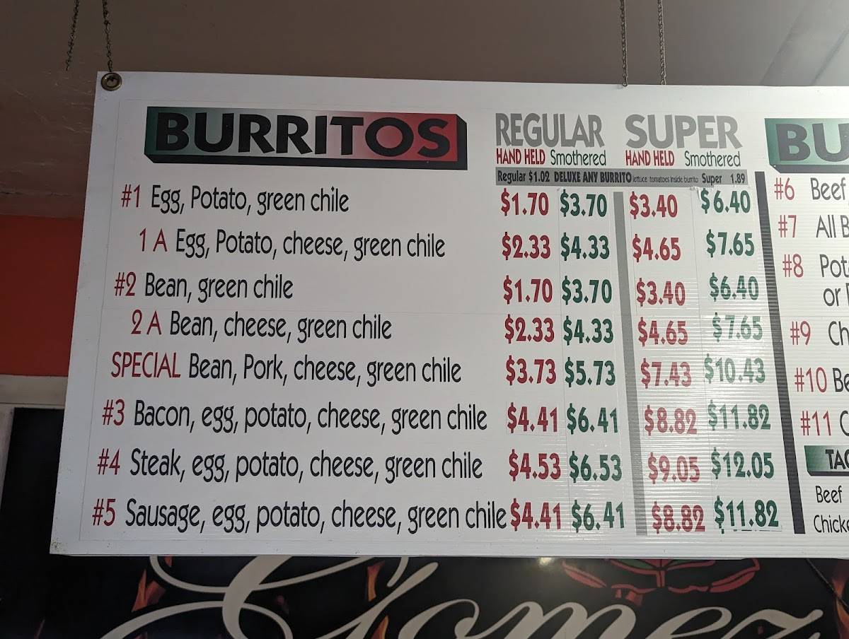 Menu at Gomez Burritos restaurant, Denver, Washington St