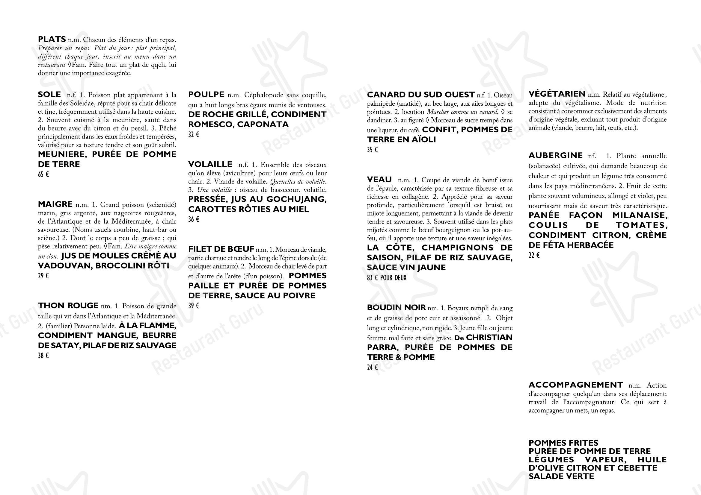 Restaurant Derrière dans Paris - Menu