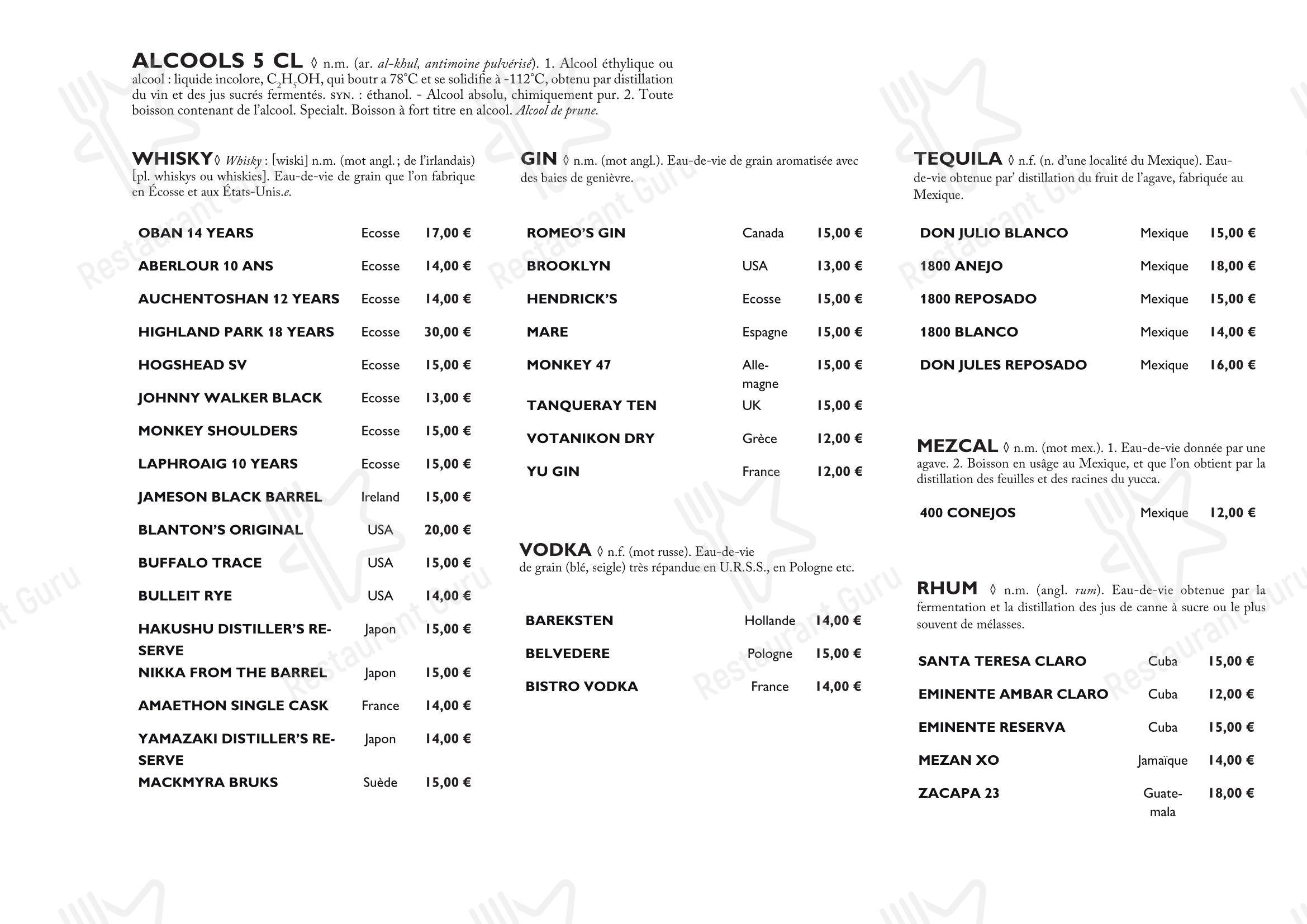 Menu pour Restaurant Derrière - repas et boissons