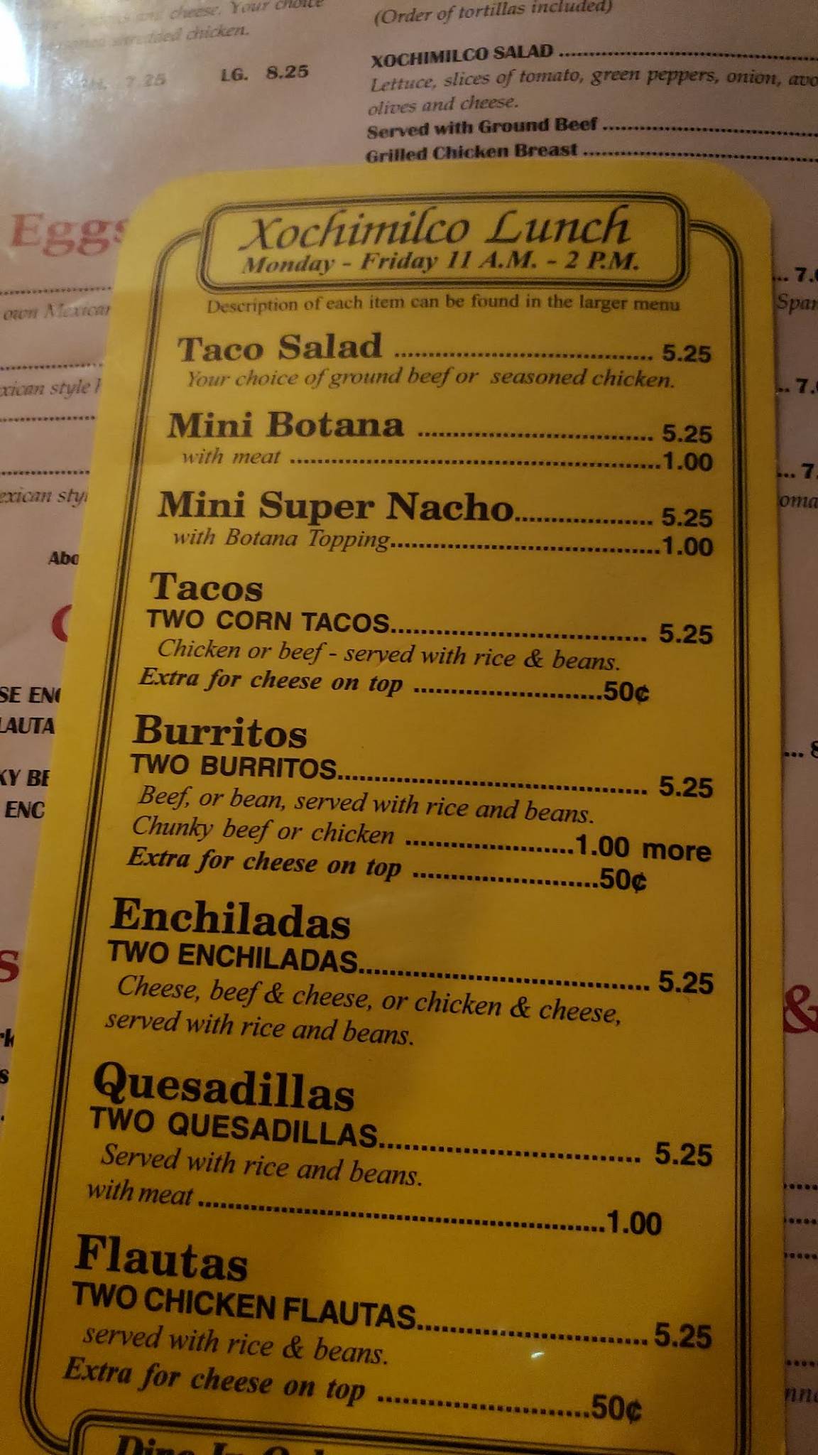 Menu at Xochimilco Restaurant, Detroit