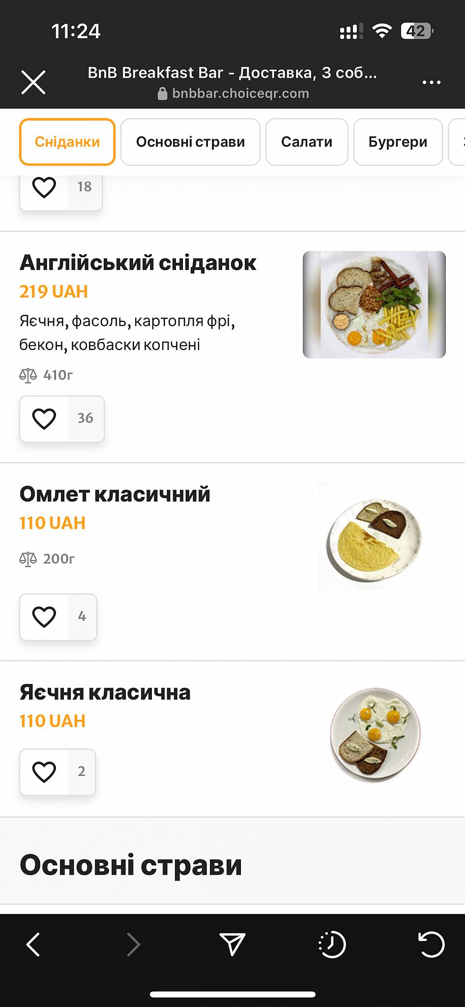 Меню Кафе-бар Breakfast Bar, Днипро