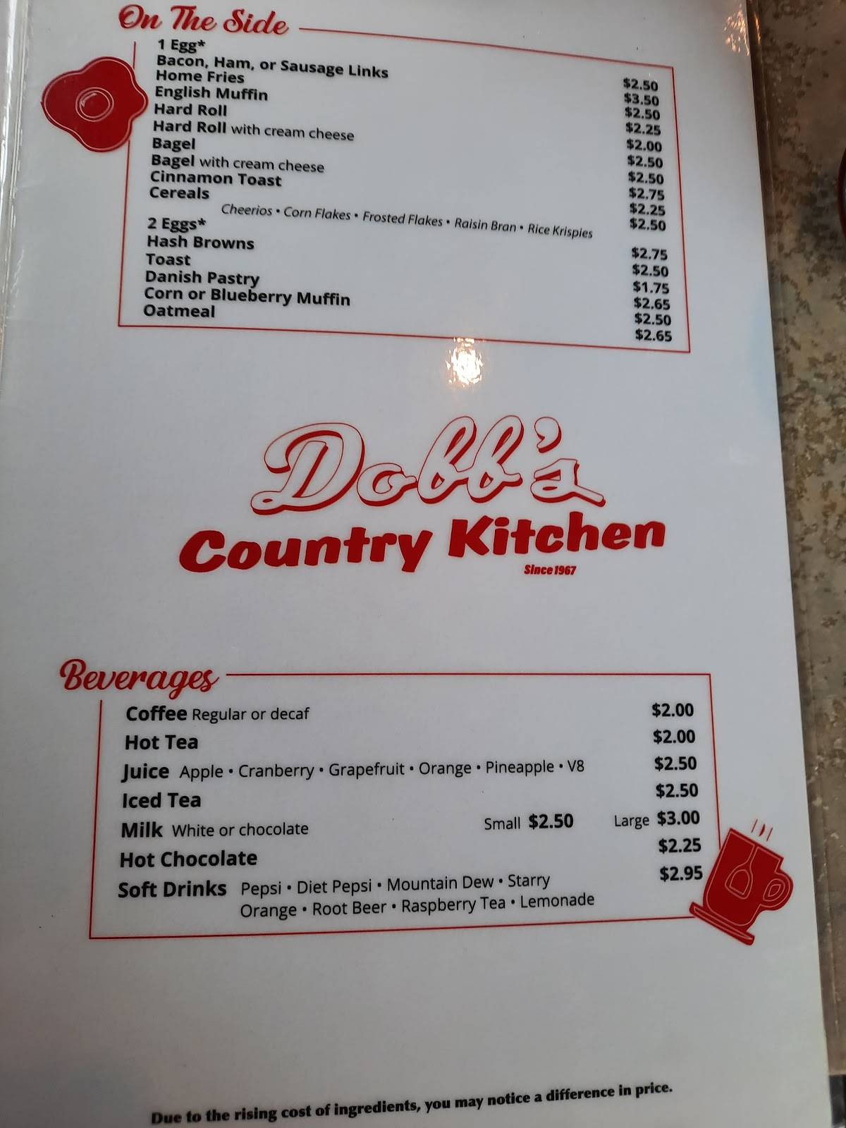 Menu at Dobb's Country Kitchen restaurant, Hallstead