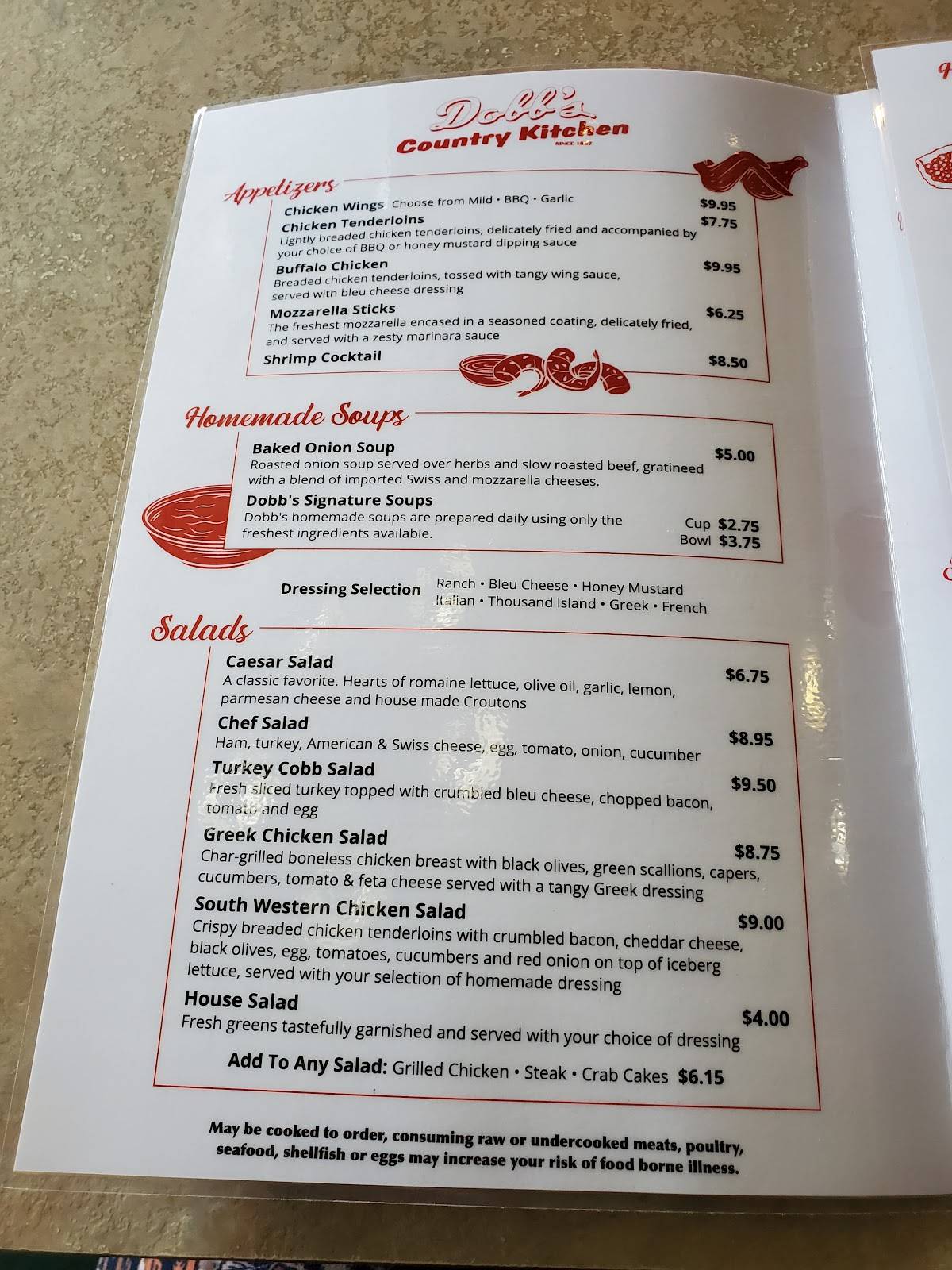 Menu at Dobb's Country Kitchen restaurant, Hallstead