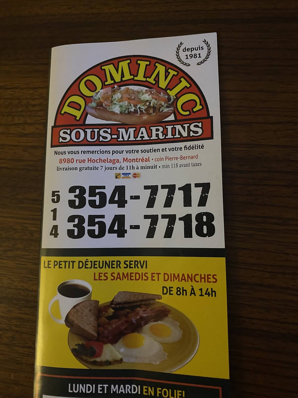 Menu at Dominic Sous-Marins Hochelaga fast food, Montréal