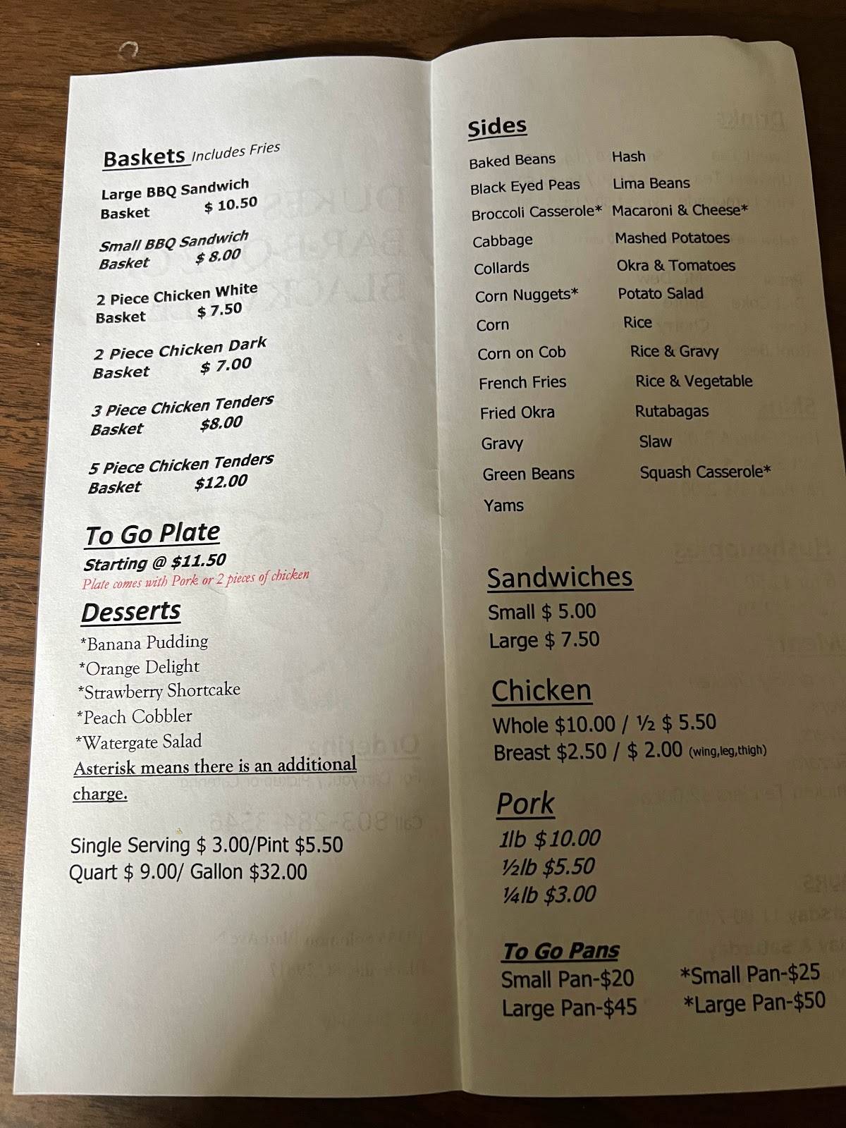 Menu at Dukes BBQ of Blackville, Blackville