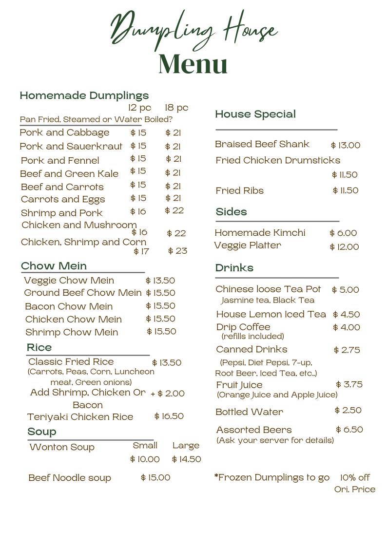 Menu de Dumpling House Williams Lake