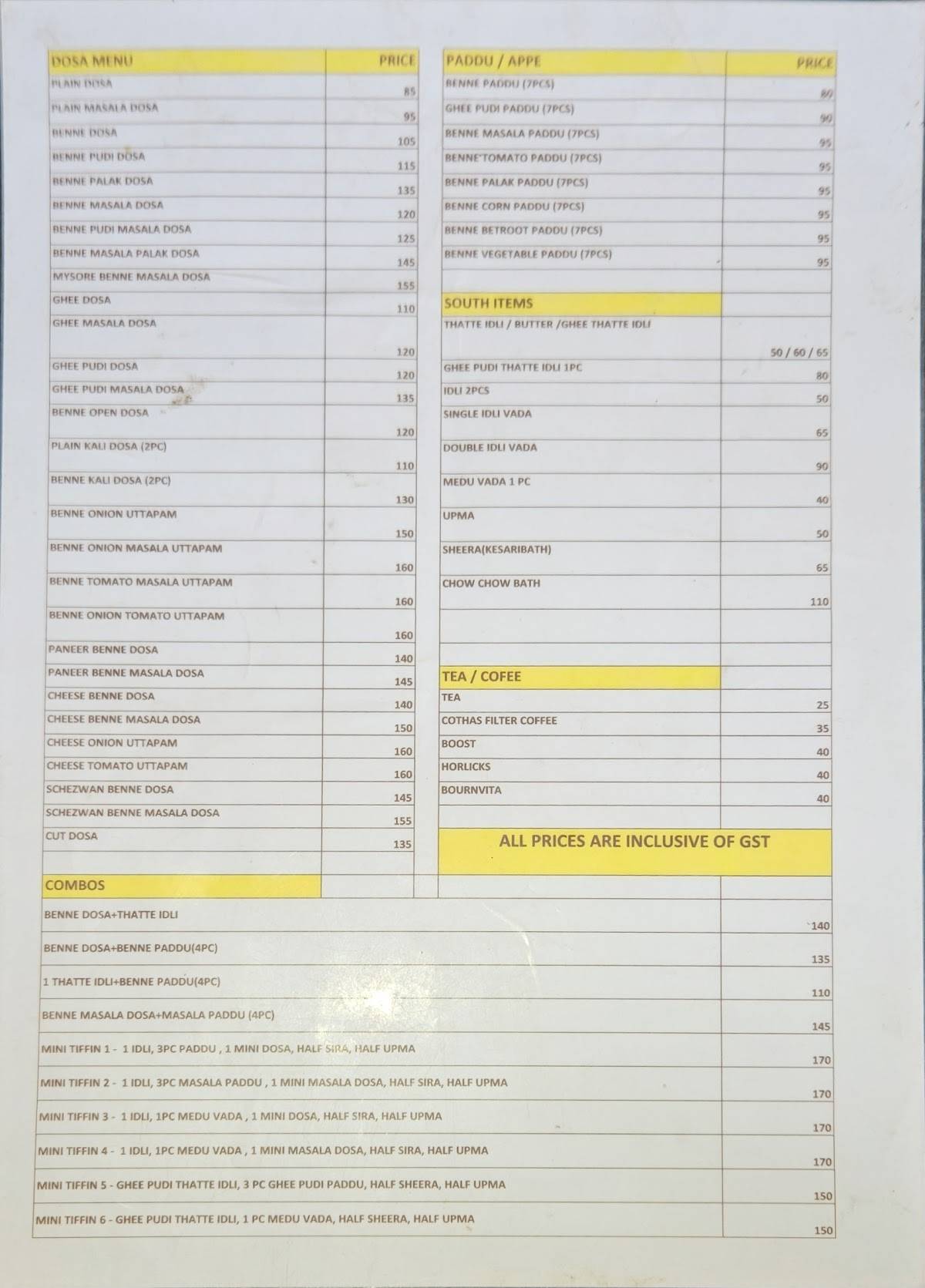 Dvg Benne Dosa Talegaon menu