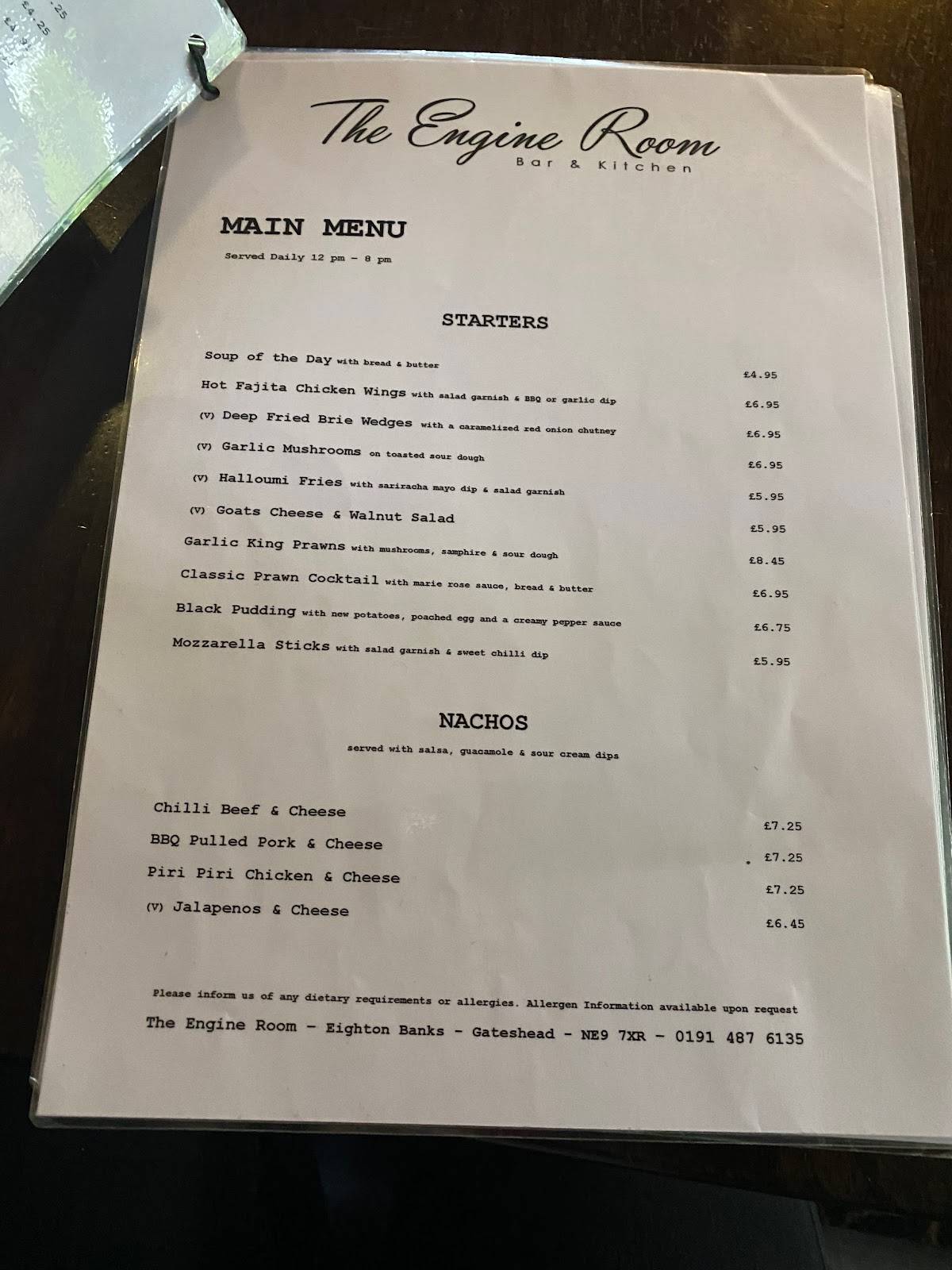 Menu at The Engine Room pub & bar, Gateshead