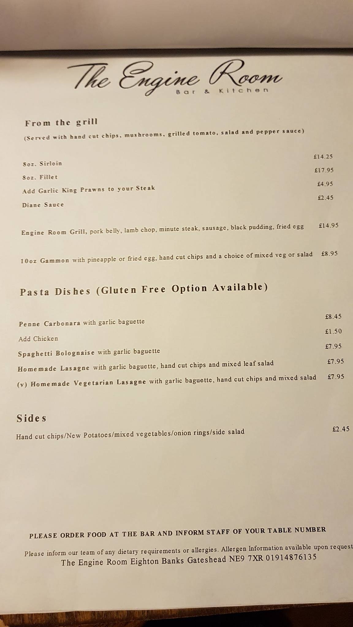 Menu at The Engine Room pub & bar, Gateshead