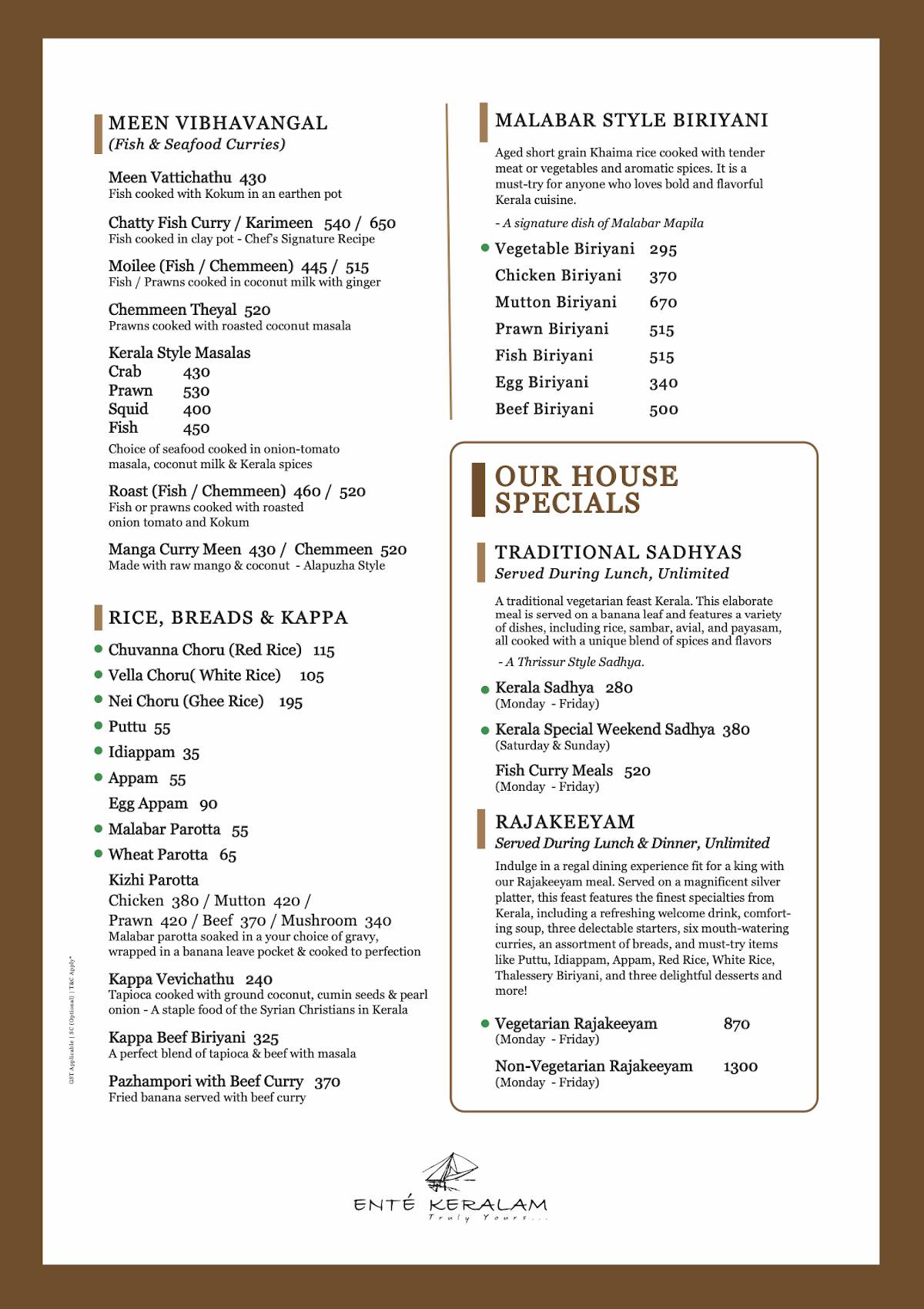 Ente Keralam - Anna Nagar menu