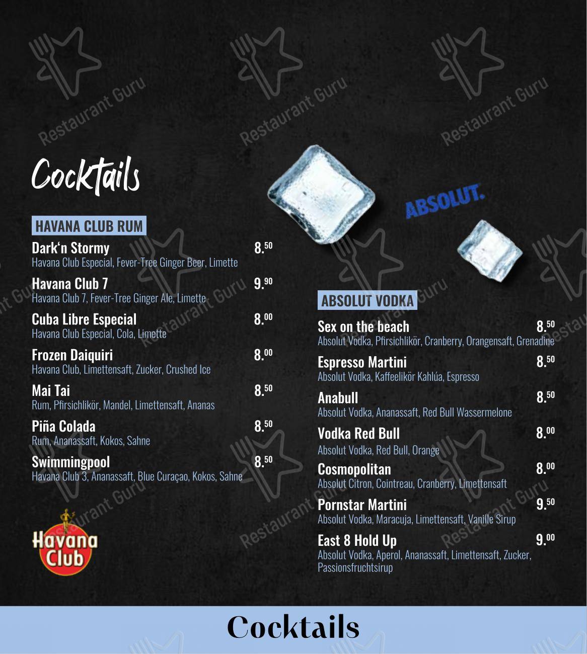 Menu pour Esscobar by Tom pub et bar