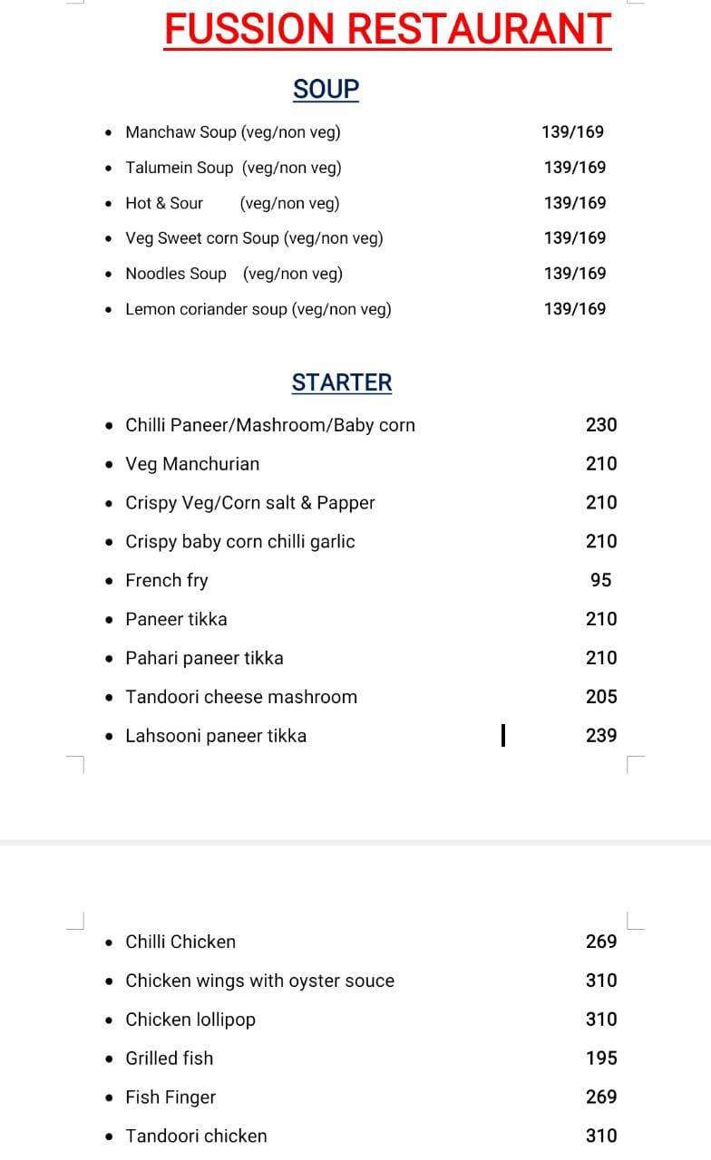 fussion restaurant menu