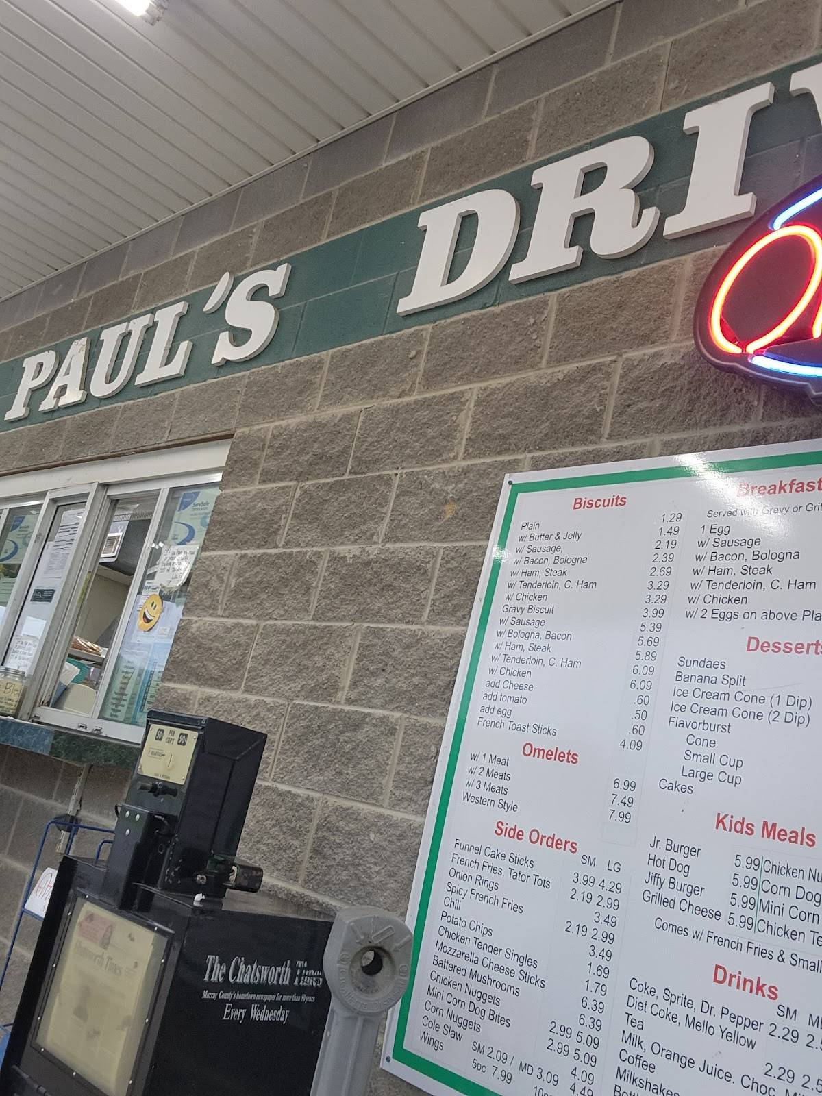 Menu at Paul's DriveIn fast food, Eton, Hwy 411
