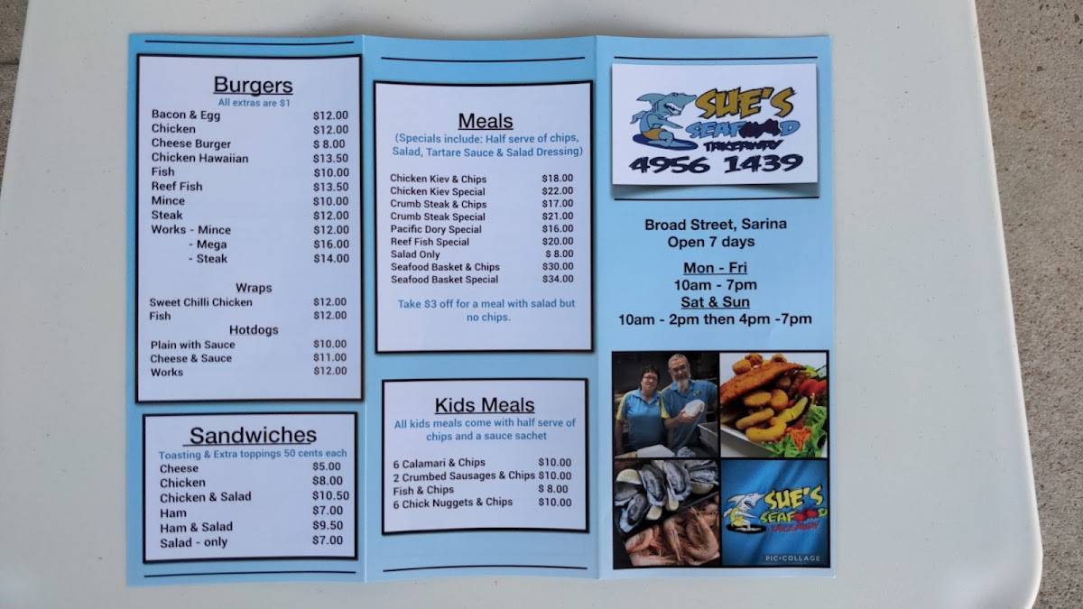 Menu at Sue's Seafood & Takeaway fast food, Sarina