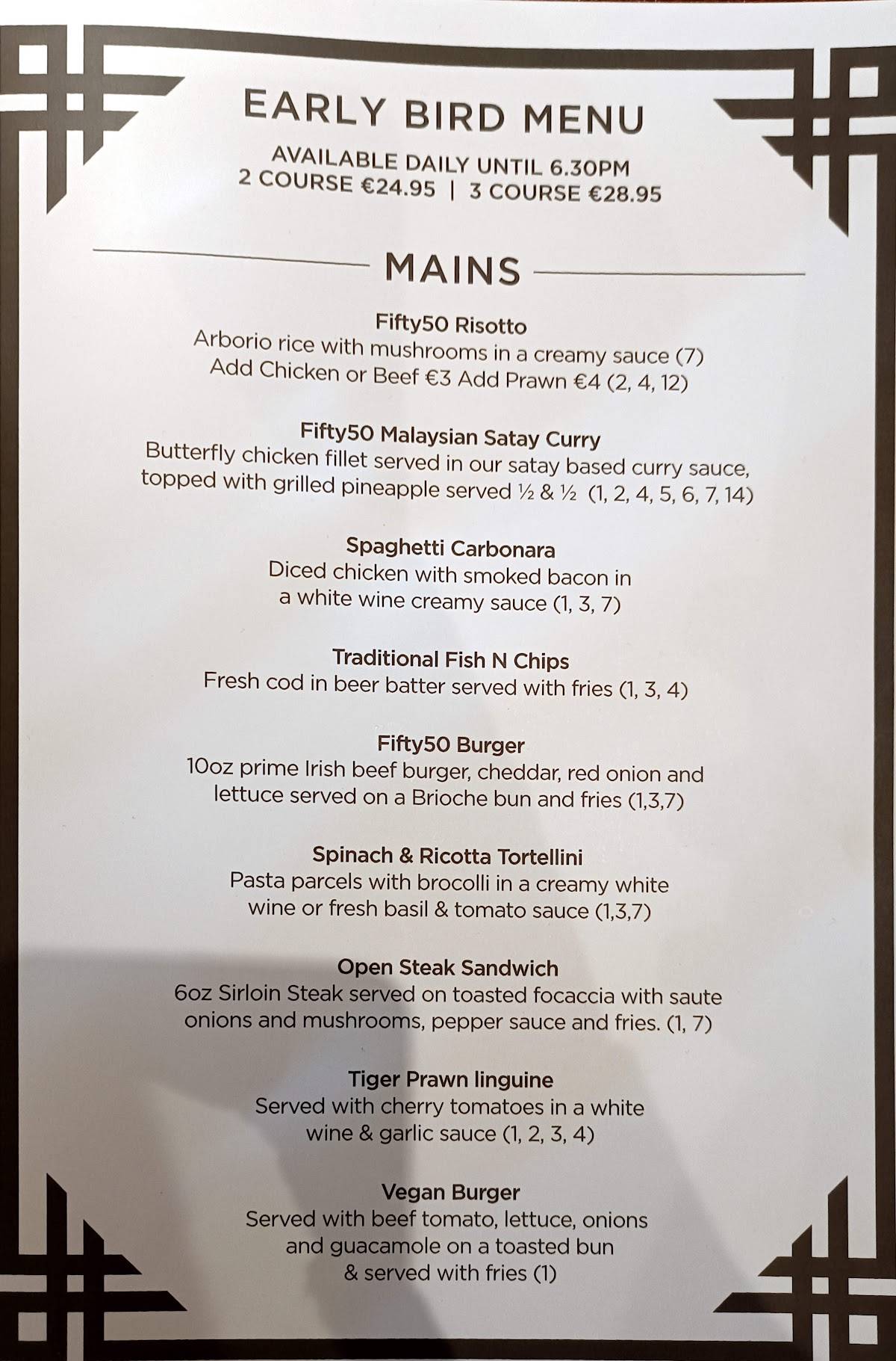 Menu at Fifty 50 Templeogue restaurant, Dublin