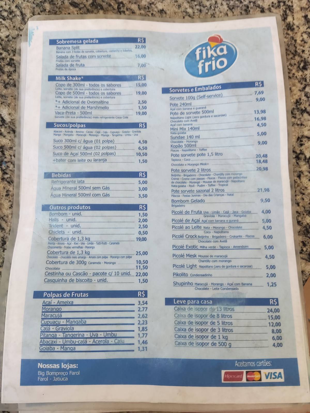 Fika Frio Sorvetes cardápio
