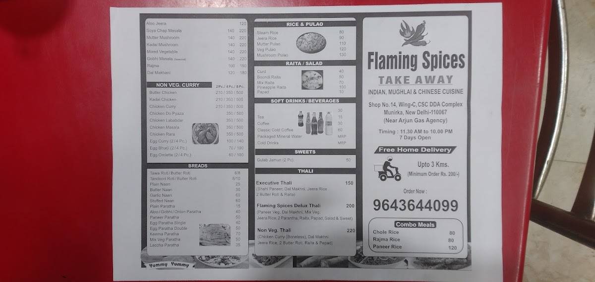 Flaming Spices Restaurant menu