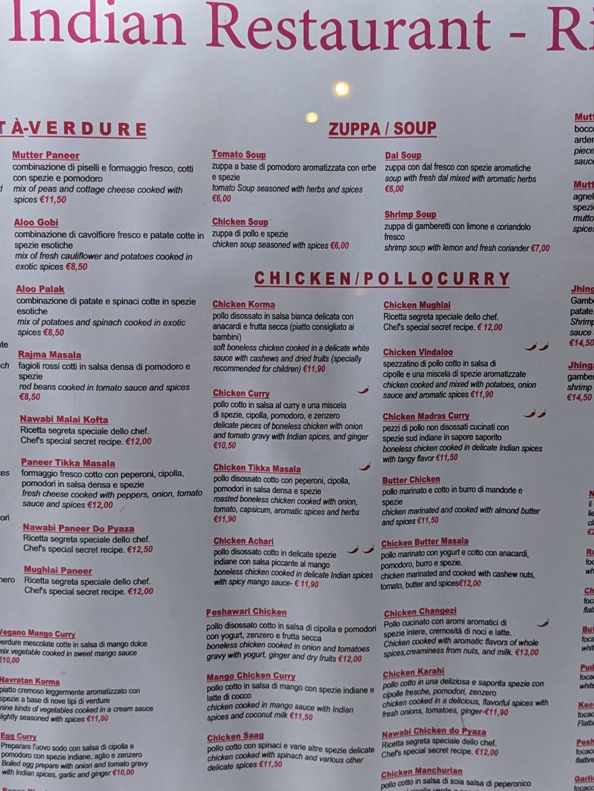 Menu di Royal India Ristorante indiano a Firenze 