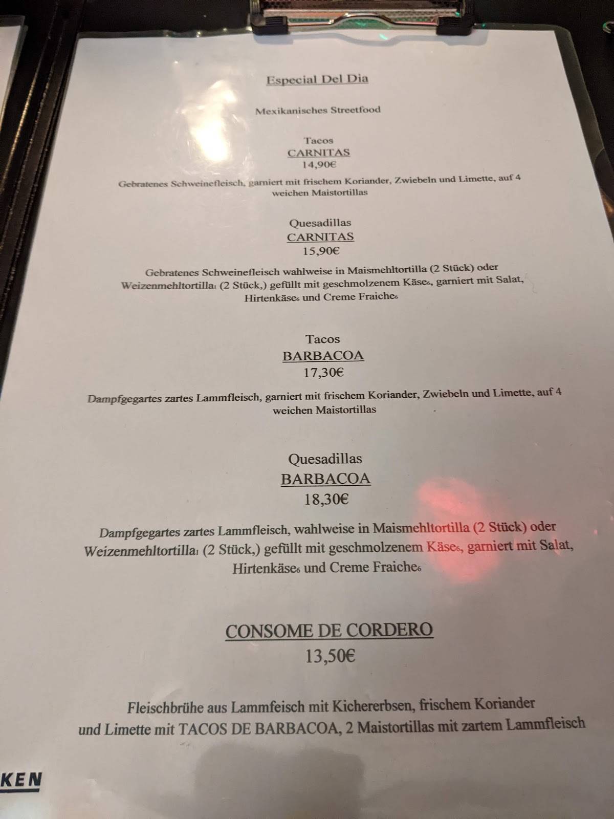 Speisekarte von Fonda de Santiago restaurant, Frankfurt am Main