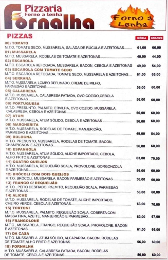 Fornalha Pizzaria cardápio