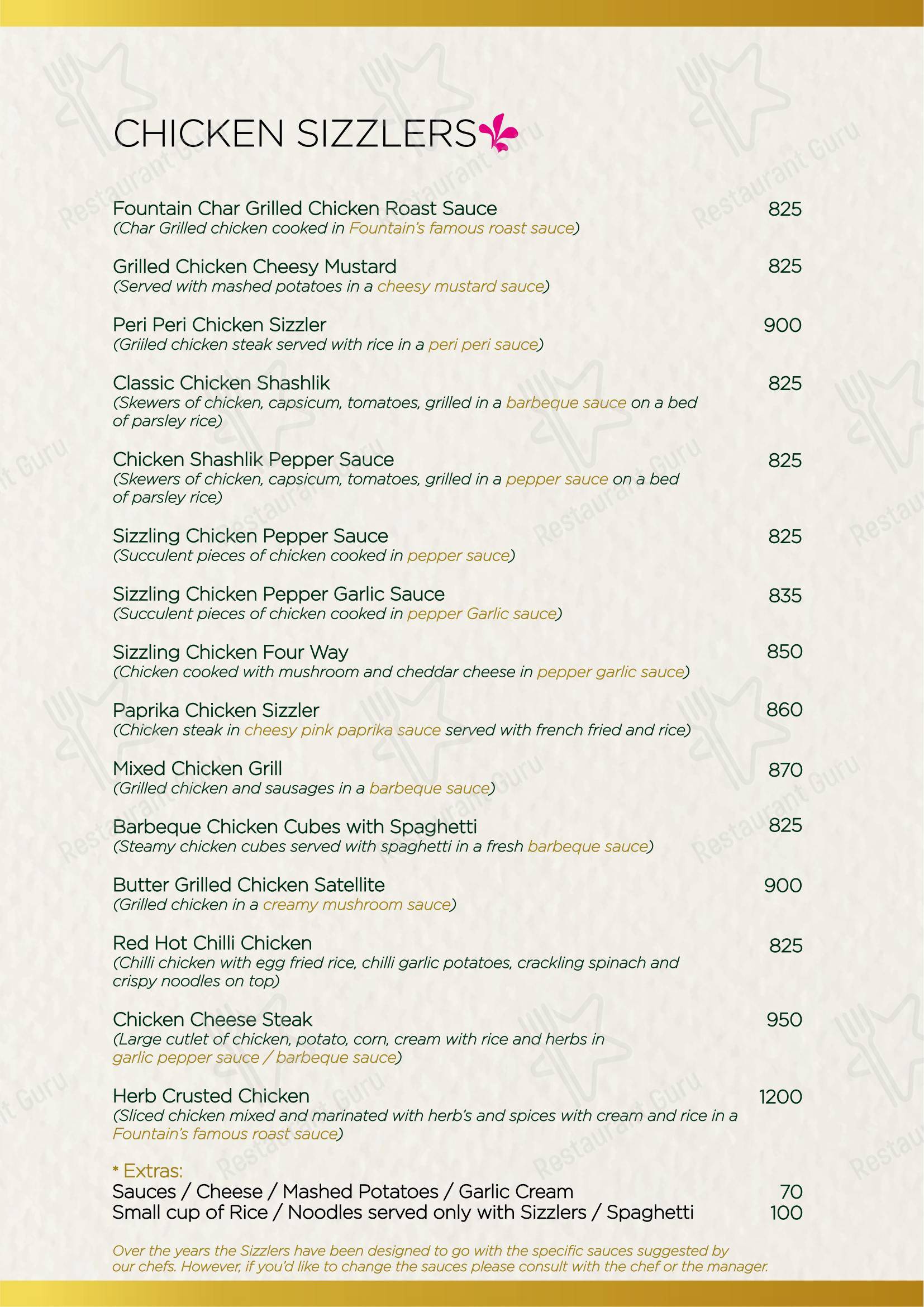 Menu for the Fountain Sizzlers restaurant