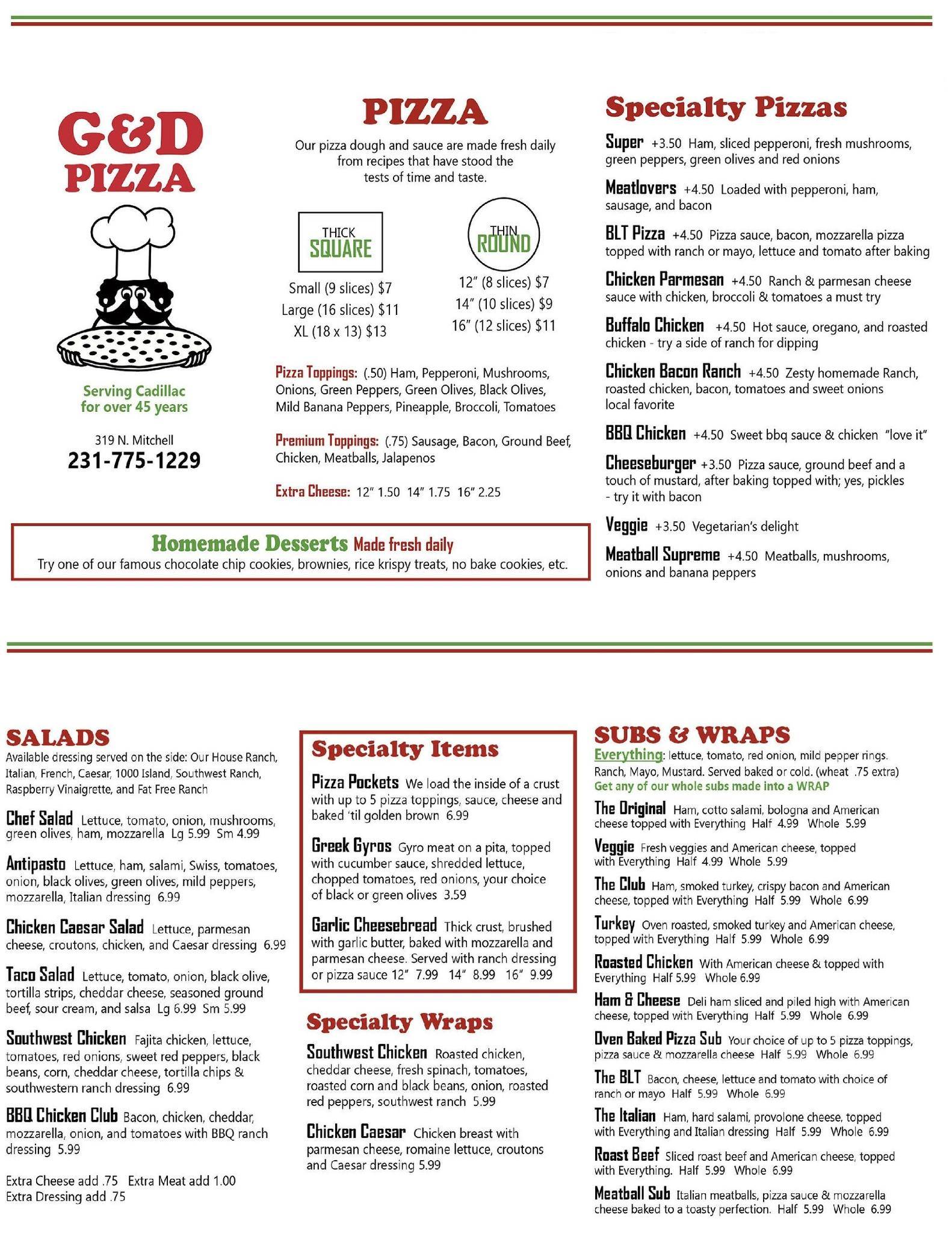 Menu at G & D Pizza & Party Store pizzeria, Cadillac