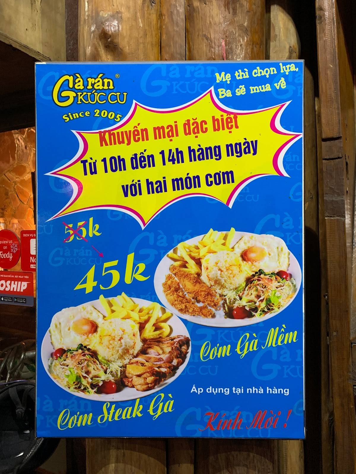 Menu at Gà Rán KucCu restaurant, Hanoi, 23 Ng. 26 P. Đỗ Quang