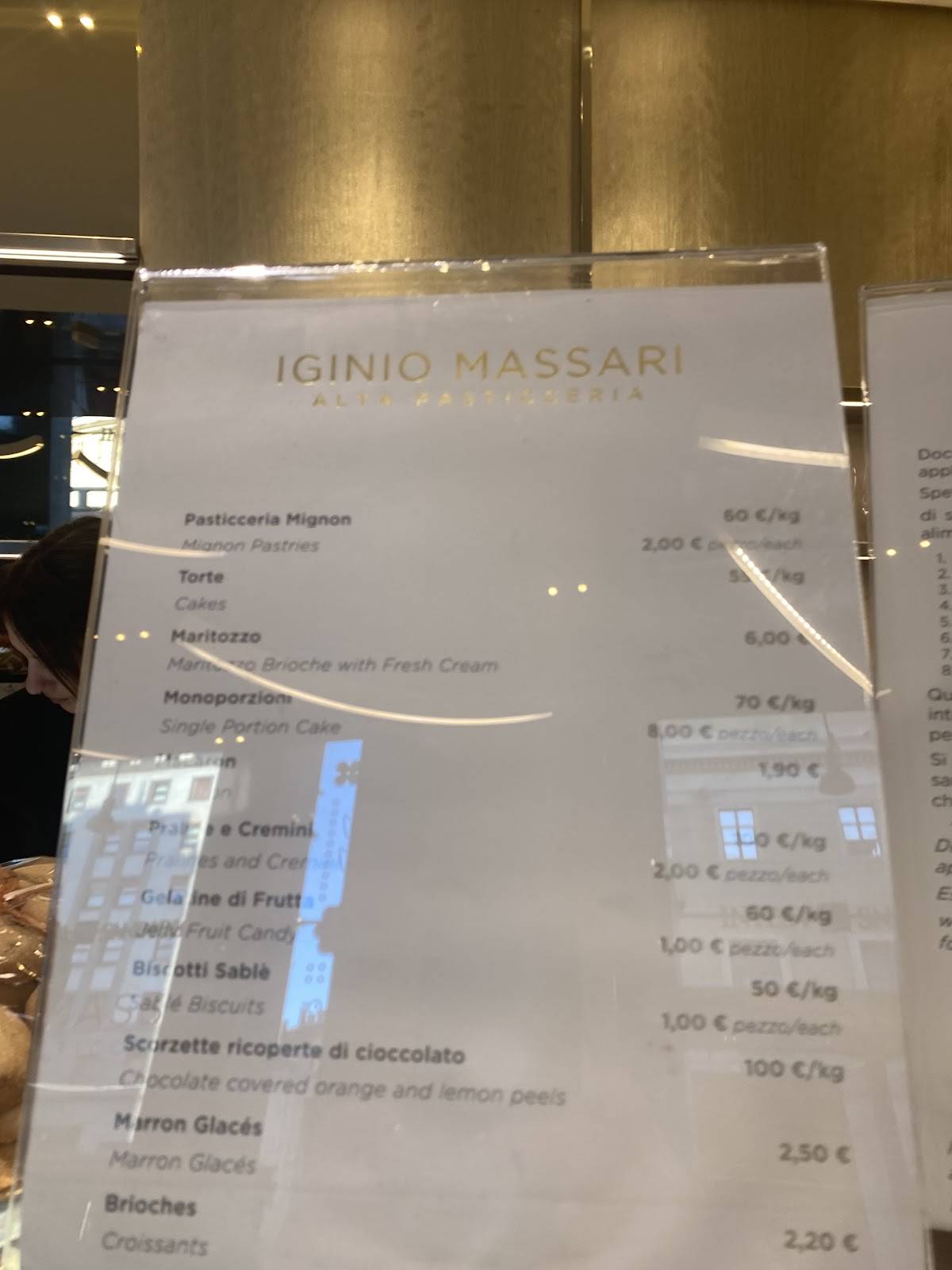 Menu di Galleria Iginio Massari Milano 